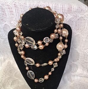 Long Champaign and Clear Beaded Neckless